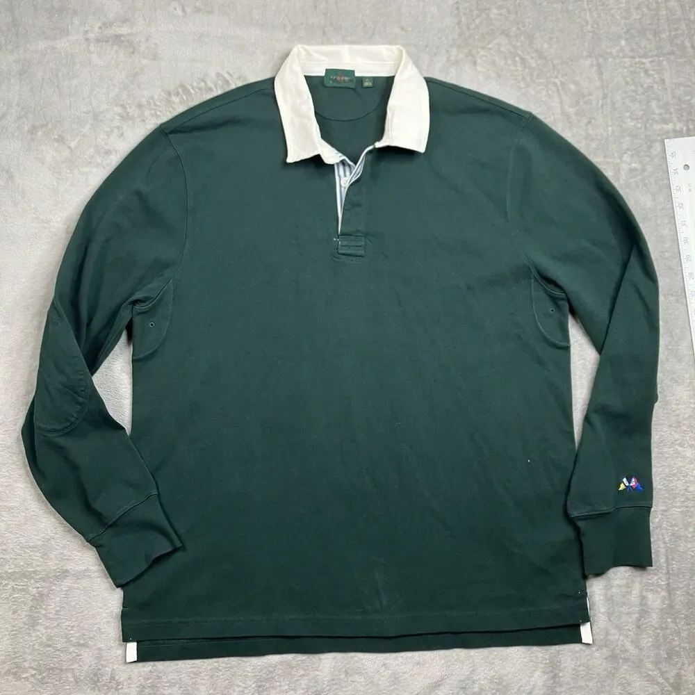 J Crew Rugby Polo Shirt Mens XL Green Long Sleeve Cotton Elbow Patch Preppy